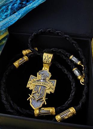 Серебряный подвес "козак" и шнурок со вставками из серебра 925 пробы с позолотой и чернью 846/4скз+кр0208з