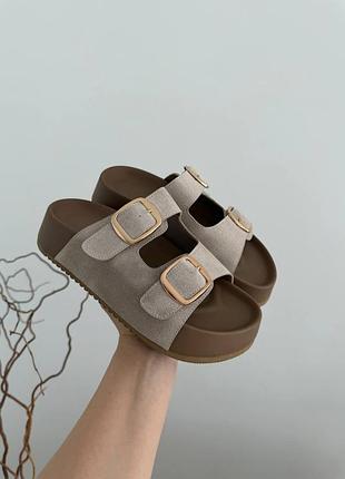 Шлепанцы женские из натуральной замши бежевый/шоколад