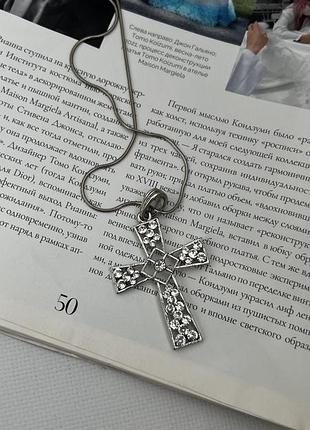 Женская серебристая цепочка с подвеской, крестик с камнями ✨