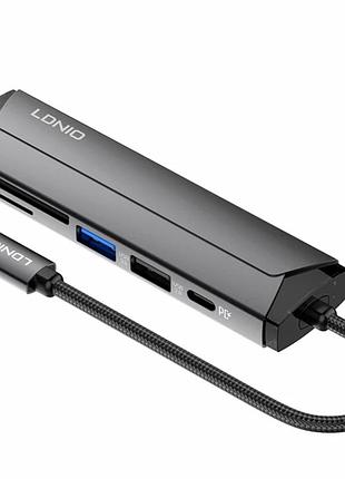 Usb hub ldnio ds-56h type-c pd3.0 100w hdmi 4k 30hz usb 2.0 sd tf серый 230x29x14мм