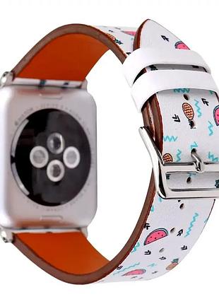 Ремешок кожаный 38 40 41 мм для apple watch series 3 4 7 натуральная кожа цветочный узор fruit flamingo