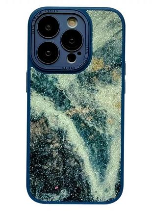 Чехол противоударный для iphone 14 pro max силиконовый с защитой от ударов мраморный с блестками синий