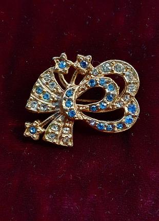 Винтажная брошь бант, украшенная синими кристаллами,  европейский винтаж