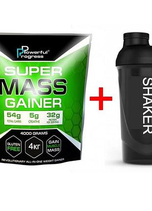 Гейнер powerful progress super mass gainer, 4 кг — лісові ягоди + шейкер у подарунок!(6772414)