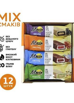Блок батончиков fitwin protein bar 33%, 12 шт x60 грамм mix вкусов (без сахара) (53654336)