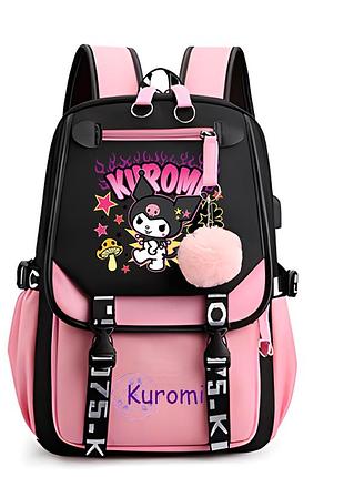 Рюкзак шкільний для дівчинки kuromi з брелоком. дитячий рюкзак-ранець, вбудований usb-порт чорний з рожевим