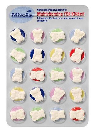 Жувальні мультивітаміни для дітей від 4 до 7 років mivolis multivitamine kinder, 20 шт, від dm