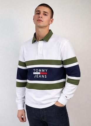 Кофта світшот регбійка tommy jeans rugby shirt men’s xl long sleeve polo colorblock white green navy y2k