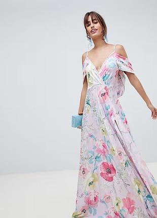 Платье макси с воланами акварелью цветы asos