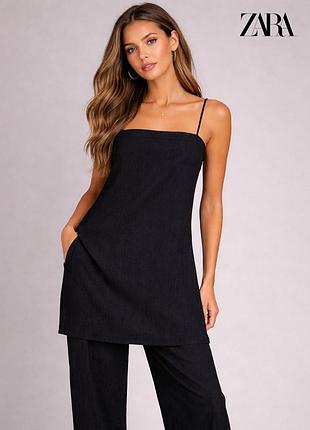 Новий подовжений текстурований чорний топ туніка на бретелях zara s