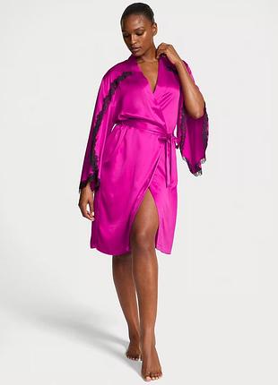 Satin rose lace-trim midi robe very sexy сатиновый халат victoria’s secret
