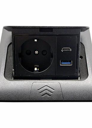 Розетка для пола с заземлением врезная 16а + 2usb (type c+a) 2.4а, ip44, черный