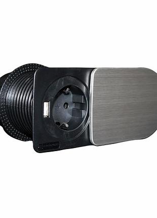 Меблева розетка компактна 1х16а, 1хusb 2.1а, сріблястий металік, чорний