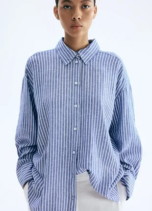 Льняная оверсайз-рубашка в полоску h&amp;m (лён, вискоза)