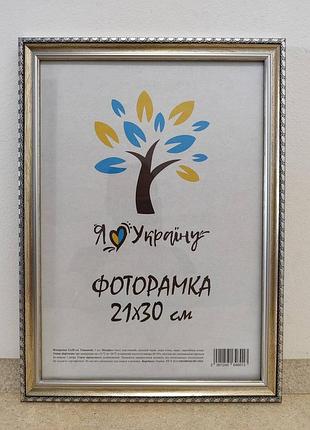 Фоторамка 21х30 см., серебряная с коричневым обрамлением, багет 1715-469-3 стекло + картон