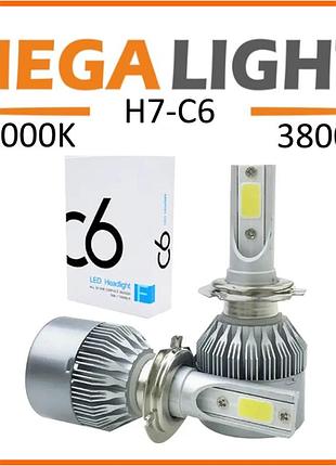 Світлодіодна led-лампа megalight h7 12v-24v c6 6000k chip cob (метал. корпус) радіатор з вентилятором