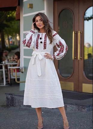 Жіноча вишита сукня міді ✨ жіноча сукня міді з вишивкою ✨ біла вишиванка сукня з червоною вишивкою