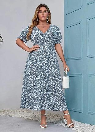 Плаття жіноче довге shein 3xl з коротким рукавом ліхтариком з рюшами блакитний у квіточку