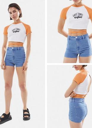 Стильные голубые джинсовые шорты bershka с высокой посадкой размер s/м