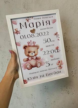 Метрочка для новорожденных в рамочке. а4. метрика для детей с рождения