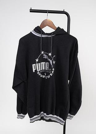 Стильний, вінтажний худі, толстовка puma у класичному, чорному кольорі з великим логотипом спереду. модель виконана у спортивному стилі з капюшоном