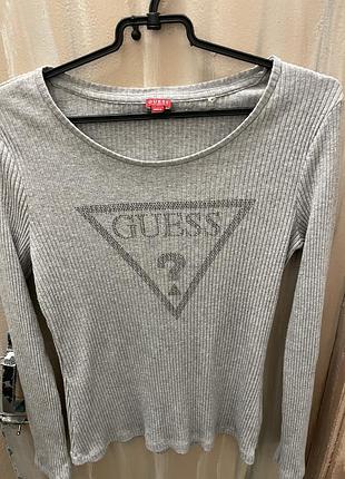 Сірий лонгслів guess у рубчик з логотипом із камінців