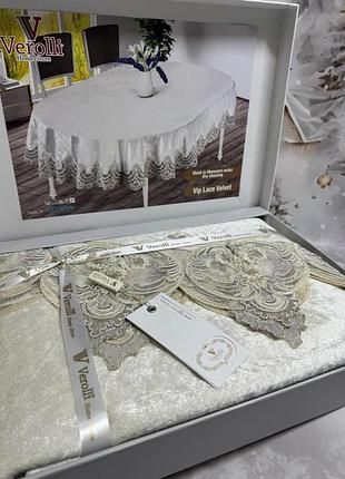 Скатерть овальная велюровая с кружевом verolli 160 на 220 см турция