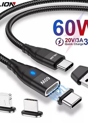 Кабель магнітний uslion type c 60 w 2 м pd 4 в 1 заряджання ноутбук macbook смартфон iphone ipad samsung xiaomi