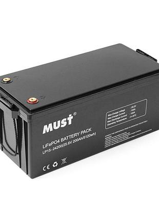Must аккумуляторна батарея must lifepo4 lp15-24200 25.6v 200ah, 5,12kwh, bms100a@4s, 6000 cycles, 522x240x218, 45kg