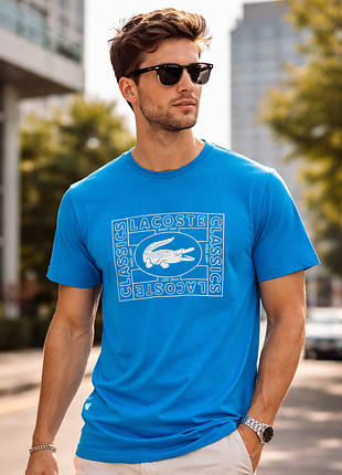 Бомбовая мужская хлопковая футболка синего цвета lacoste regular fit, 💯 оригинал