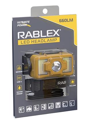 Налобный фонарь rablex rb968, жёлтый+белый+красный, 3хt6+4хcob, sensor, аккум, type-c modern home style