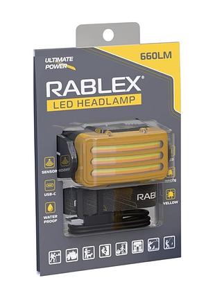Налобный фонарь rablex rb978, жёлтый+белый+красный, 3хt6+4хcob, sensor, аккум, type-c modern home style