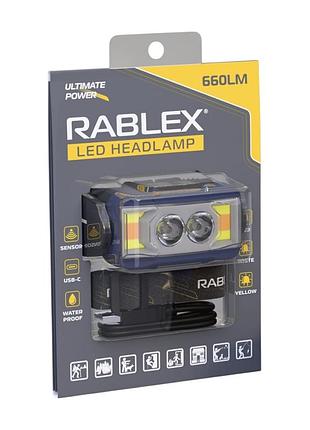 Налобный фонарь rablex rb980, жёлтый+белый+красный, 3хt6+4хcob, sensor, аккум, type-c modern home style