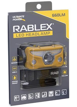 Налобный фонарь rablex rb967, жёлтый+белый+красный, 3хt6+4хcob, sensor, аккум, type-c modern home style