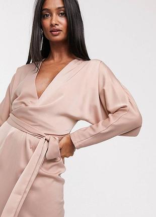 Атласна сукня міді з запахом і рукавами "кажан" asos design 3