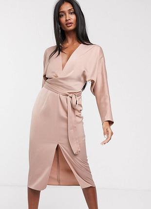 Атласна сукня міді з запахом і рукавами "кажан" asos design 4