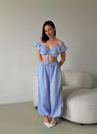 Коттон хлопок luxe костюм брючный летний топ брюки алладины аладины манжеты на завязках резинке принт в клетку высокая на резинке