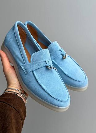 Натуральная замша!!️ женские лоферы замшевые голубые