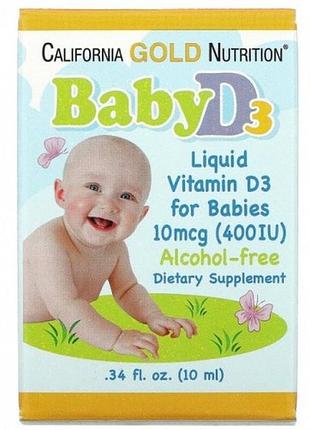 Рідкий вітамін d3 для дітей, california gold nutrition "baby d3" холекальциферол у краплях, 10 мкг/400 мо (10