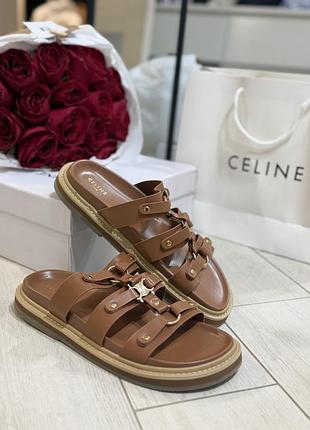 Жіночі шльопанці celine tippi leather slide sandals tan premium