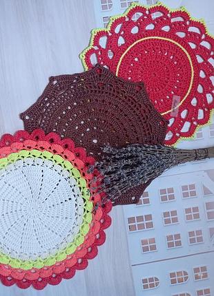 Круглые, ажурные салфетки для дома, 100% хлопок, ручной работы. возможно изменение цвета, размера и дизайна.