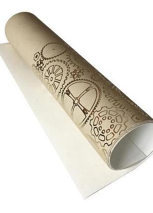 Отрез кожзама с тиснением золотой фольгой, дизайн golden gears beige, 50см х 25см