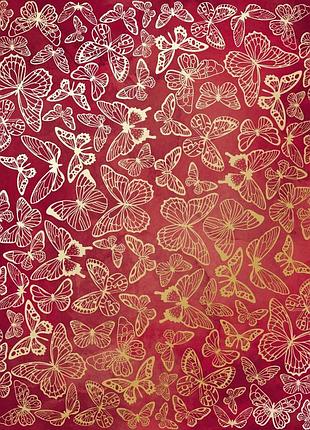 Лист односторонней бумаги с фольгированием, дизайн golden butterflies, color burgundy aquarelle, 30,5см х 30,5см