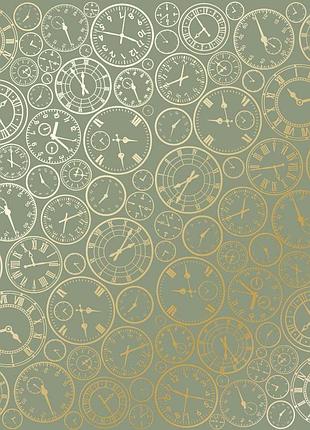 Лист односторонней бумаги с фольгированием, дизайн golden clocks olive, 30,5см х 30,5см