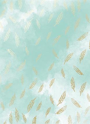 Лист односторонней бумаги с фольгированием, дизайн golden feather, azure watercolor, 30,5см х 30,5см