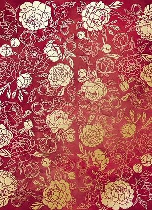 Лист односторонней бумаги с фольгированием, дизайн golden peony passion burgundy aquarelle, 30,5см х 30,5см