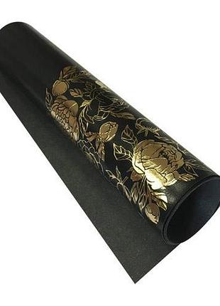 Отрез кожзама с тиснением золотой фольгой, дизайн golden peony passion, color glossy black, 50см х 25см