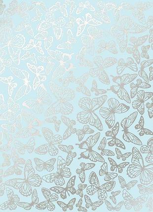 Лист односторонней бумаги с серебряным тиснением, дизайн silver butterflies blue, 30,5см х 30,5см