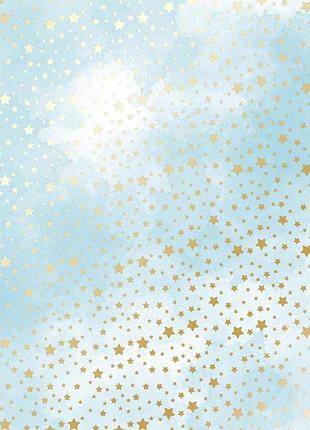 Лист односторонней бумаги с фольгированием, дизайн golden stars, azure watercolor, 30,5см х 30,5см