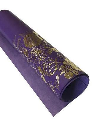 Отрез кожзама с тиснением золотой фольгой, дизайн golden peony passion, color violet, 50см х 25см